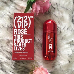 Carolina Herrera 212 VIP Red perfume bottle and packaging on a fur surface with pink flowers.
212 VIP Rose “Red” Eau de Parfum by Carolina Herrera is an energetic and glamorous scent made for the bold and confident. With its unexpected blend of liquor, fruits, and deep gourmand notes, it’s the perfect choice for a woman who loves to stand out. This 100% authentic imported tester delivers premium quality and lasting performance without the luxury markup.