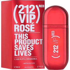 A red bottle of 212 VIP Rose 'Red' EDP by Carolina Herrera, with a matching red box, both displaying the product name and the statement 'This product saves lives'.
212 VIP Rose “Red” Eau de Parfum by Carolina Herrera is an energetic and glamorous scent made for the bold and confident. With its unexpected blend of liquor, fruits, and deep gourmand notes, it’s the perfect choice for a woman who loves to stand out. This 100% authentic imported tester delivers premium quality and lasting performance.
