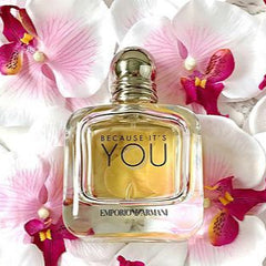 Perfume bottle labeled 'Because It's You' by Emporio Armani on pink
Because It’s You Eau de Parfum by Emporio Armani is a radiant and playful scent designed for the confident woman in love. It blends sweet fruity notes with deep florals and a sensual vanilla base. This 100% authentic imported tester combines luxury with lasting performance without the designer price tag. flowers