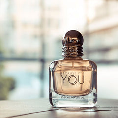 Perfume bottle labeled 'Because It's You' by Emporio Armani on a blurred background
Because It’s You Eau de Parfum by Emporio Armani is a radiant and playful scent designed for the confident woman in love. It blends sweet fruity notes with deep florals and a sensual vanilla base. This 100% authentic imported tester combines luxury with lasting performance without the designer price tag.
