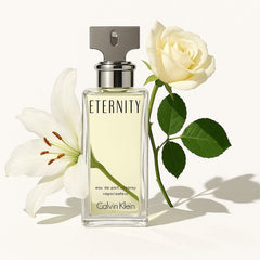 Calvin Klein Eternity perfume bottle with white flowers on a white background
Eternity Eau de Parfum by Calvin Klein is a timeless floral fragrance that blends lush botanicals with soft woods and sensual musk. It's designed for the woman who values elegance, tradition, and emotional depth. This 100% authentic imported tester offers the same sophisticated essence without the luxury price tag.