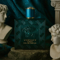 Versace Eros perfume bottle with classical sculptures in the background
Versace Eros Eau de Parfum is a bold expression of masculine confidence blending zesty freshness with sweetness and a woody base. Designed for the man who commands attention, this EDP offers a deeper, more intense version of the classic Eros. Our 100% authentic imported tester brings you luxury without the luxury price tag.