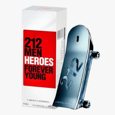 A boxed bottle of 212 Heroes Forever Young by Carolina Herrera perfume, with the bottle cap prominently displayed in front of the box.
212 Heroes Forever Young by Carolina Herrera is a vibrant, playful, and modern scent designed for men who live life with passion and energy. Bursting with fruity freshness, aromatic herbs, and a daring leather base, this 100% authentic imported tester embodies youthful rebellion and fearless style all at an unbeatable value.