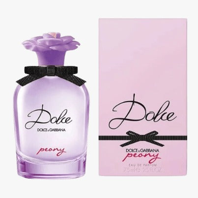 Dolce & Gabbana Dolce Peony EDP 75ml perfume bottle with purple peony flower on top, alongside its pink packaging box with the brand and product name.Dolce Peony Eau de Parfum by Dolce &amp; Gabbana is a radiant tribute to the elegance of spring in bloom. With delicate peony, juicy fruits, and warm musk, it captures the essence of femininity with a playful yet refined touch. This 100% authentic imported tester delivers Dolce luxury and lasting freshness without the premium price tag.